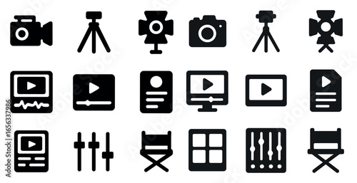 Photography and videography solid icons set – silhouette, media, and film symbols
