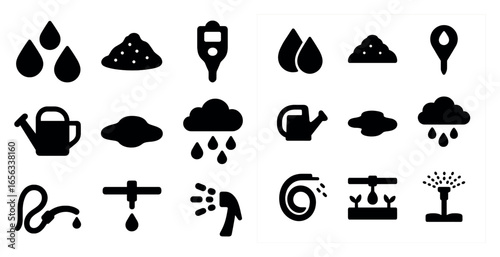 Gardening solid icons set – filled, planting, irrigation symbols for landscaping