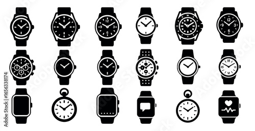 Watch and clock silhouette icons set – analog, digital, timekeeping symbols