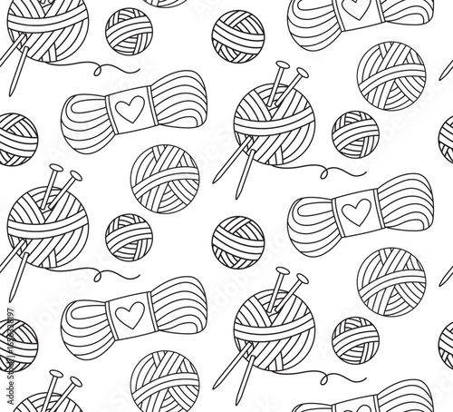 Seamless black and white doodle pattern with hand-drawn yarn balls, skeins, and knitting needles. Doodle style background of  knitting and handmade craft elements