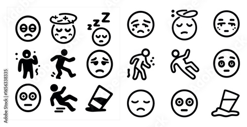 Sad and tired outline icons set – linear, emoji, emotional expression symbols
