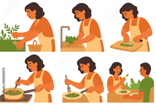 Woman prepares and serves healthy food