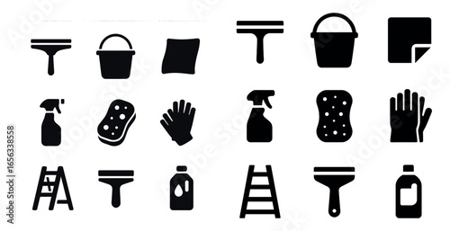 Cleaning tools silhouette icons set – solid, filled, janitorial and housekeeping symbols