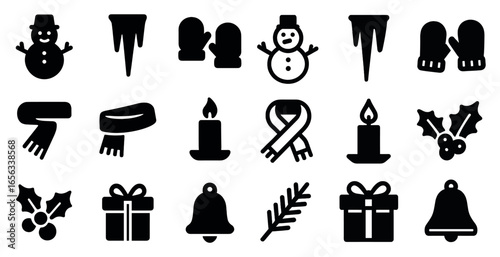 Winter and holiday solid icons set – silhouette, filled, seasonal and festive symbols