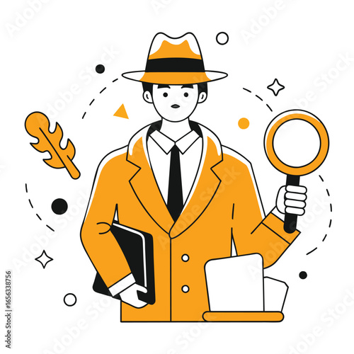 Adult male detective in a bright yellow trench coat and hat, holding a magnifying glass and briefcase, in a professional office setting. Detective with documents, investigating a case.