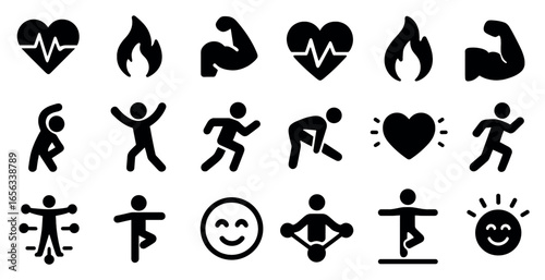 Fitness and health solid icons set – silhouette, exercise, wellness symbols