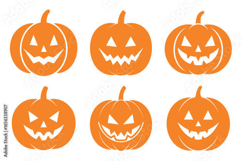 set of orange jack o lantern pumpkins with carved faces on white background Halloween