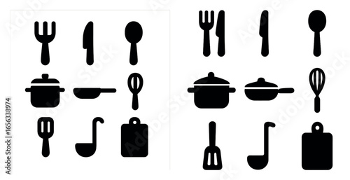 Cooking and kitchen solid icons set – filled, utensils, cookware symbols