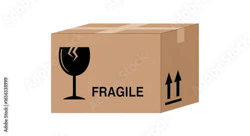 Cardboard box marked as fragile with breakable glass symbol, isolated on transparent background for design use