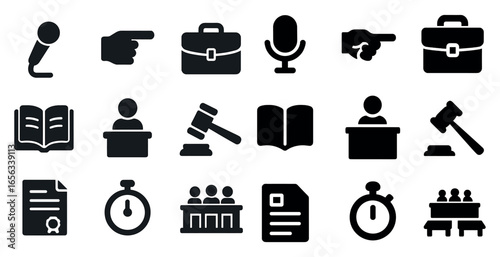 Law and justice solid icons set – filled, legal symbols, courtroom design elements