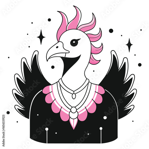 Stylish bird illustration with pink accents in a stylized fashion. Bird with wings and jewelry, set against a white background.