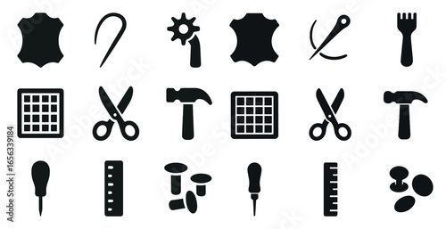 Leather crafting solid icons set – silhouette, tool and stitching elements