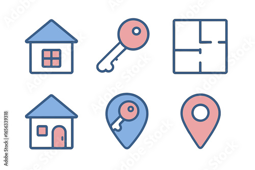 Real Estate Icons: House, Key, Floor Plan, Location Pin
