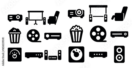 Home theater silhouette icons set – cinema, entertainment, multimedia graphics