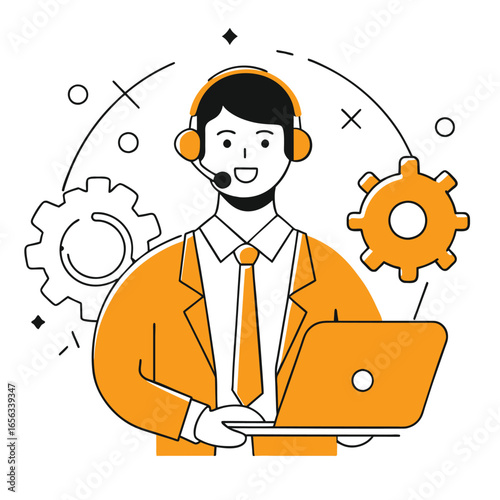 A young adult male customer service representative in a business suit with a headset, holding a laptop in a modern office setting. Professional support agent in a technical support role.