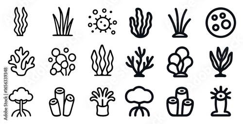 Aquatic flora icons set in outline style – plants, marine, seaweed illustrations