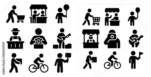 Marketplace and activity silhouette icons set – solid, filled, people and vendor symbols