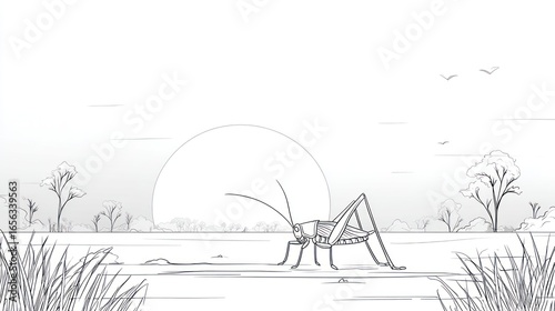 Line drawing of a grasshopper in nature setting under a large sun