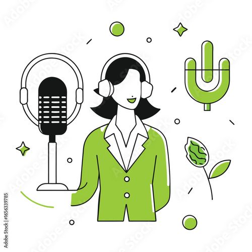 Female podcast host in professional attire standing by a microphone, a modern podcasting concept. Female podcast host in professional attire, standing by a microphone, ready for her podcast show.