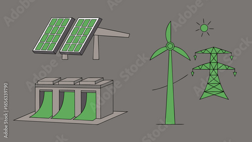 Green Energy Sources: Hydroelectric Dam, Solar Panels, Wind Turbine, Power Lines; Simple Line Art Illustration