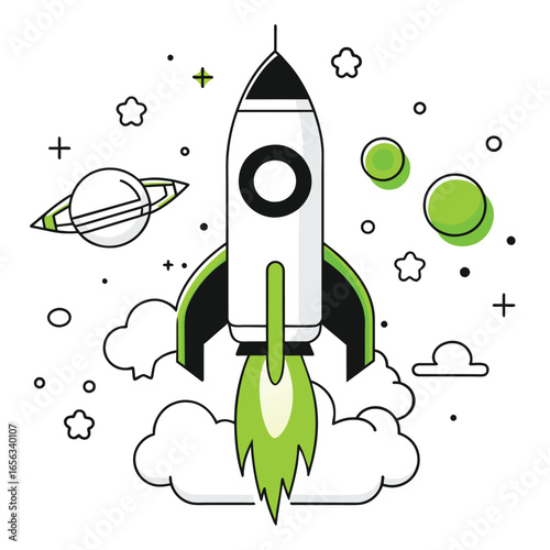 Space rocket illustration with no human characters in a stylized space scene. Rocket launching with vibrant green flames, clouds and planets in the background.