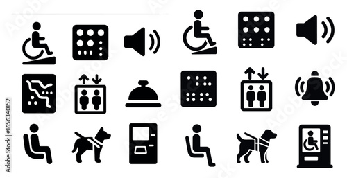 Accessibility and assistance solid icons set – filled, support, inclusive design symbols