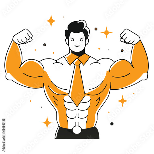 Male executive displaying muscular physique in business attire. Flexing arms with confident posture against a minimalist white background.