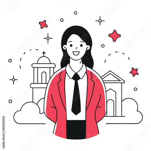 A smiling young woman in a red blazer and tie, standing confidently in front of a city backdrop featuring a church and bank, representing a successful professional in a business setting.