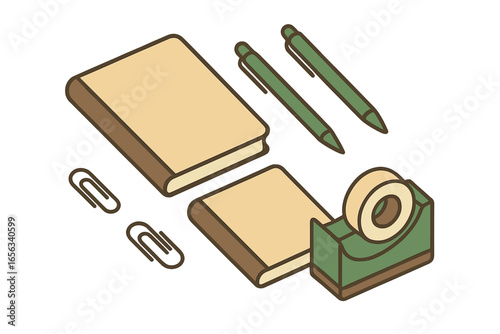 Desk supplies: books, pens, tape dispenser, and paper clips
