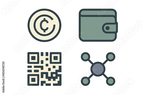 Digital currency icons: coin, wallet, QR code, network