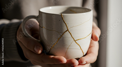 Hands holding a ceramic mug repaired with gold, the Japanese art of Kintsugi.