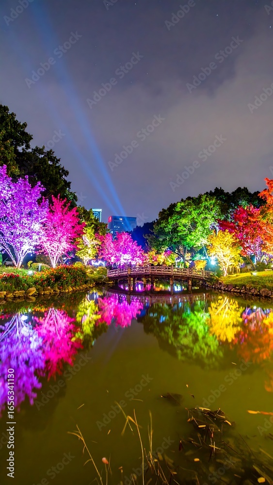 Naklejka premium Night scene of a park with colorful illuminated trees reflected in a pond