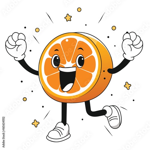 Animated orange slice character with exuberant expression in a dynamic pose against a white background. Fruit mascot celebrating a success. Cartoon character for various uses.