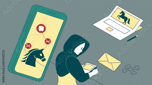 Hooded Figure Examining Trojan Horse Virus on Smartphone.