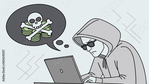 Hooded Hacker Figure with Laptop and Skull and Crossbones Money Thought Bubble.