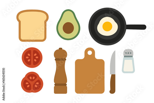 Breakfast Food Ingredients and Cooking Utensils