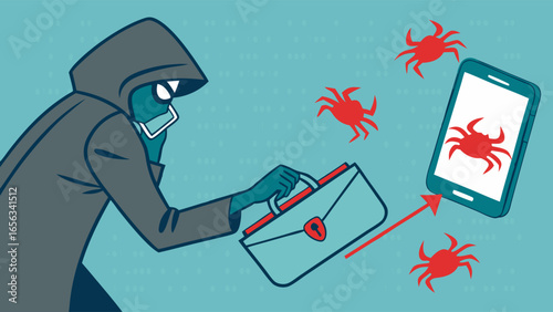 Hooded Hacker Stealing Data from Smartphone with Malware Attack.