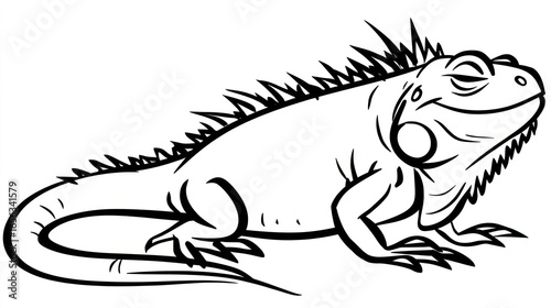 Stylized line art illustration of an iguana with spiky crest and curled tail