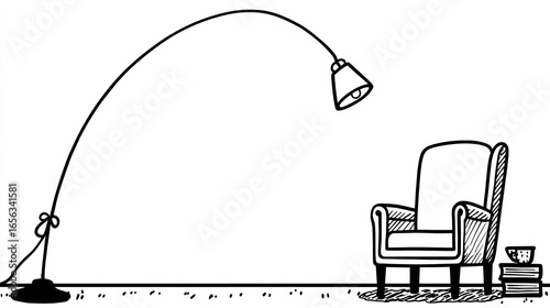 Arching floor lamp over simple armchair, with books and cup, black/white sketch