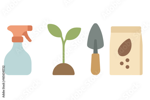 Gardening tools and plant sprout with seeds