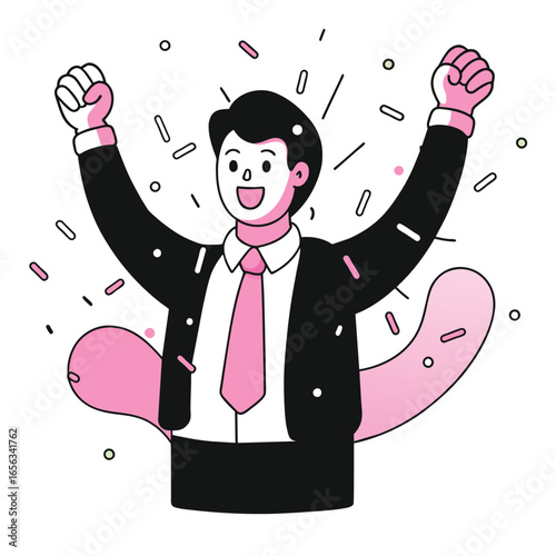 Excited businessman in formal wear celebrating success in a celebratory setting. Young male professional in a suit with raised arms, exuding joy amidst confetti.