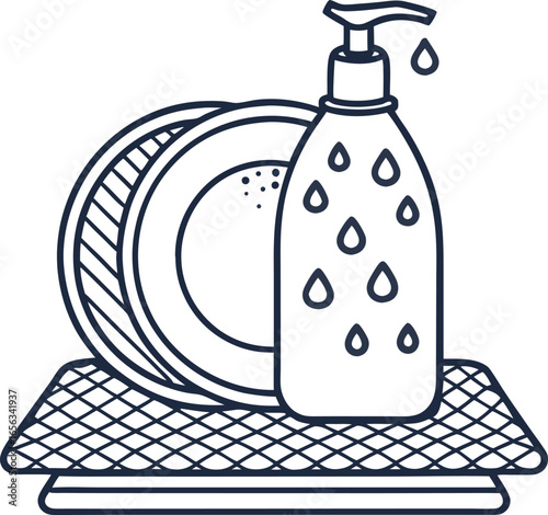 Dishwashing liquid bottle and clean plates on drying rack kitchen cleaning, dish soap, household hygiene essentials