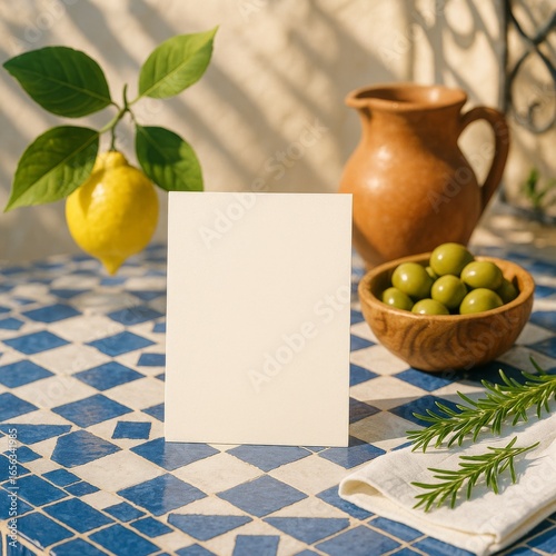 Blank Vertical Card Mockup in a Sunny Mediterranean Setting on a Tiled Table with Lemons and Olives