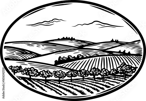 Rolling countryside landscape illustration with fields, hills, and trees rural farmland scene, nature agriculture concept