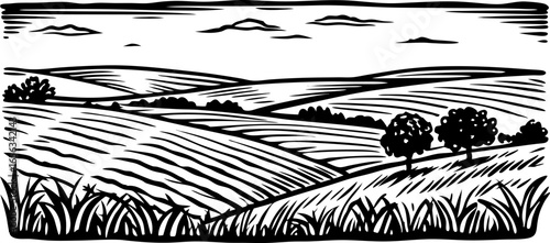 Rolling countryside landscape illustration with fields, trees, and hills in detailed black and white linocut