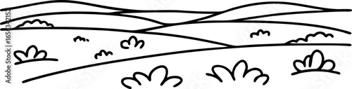 Rolling countryside landscape with hills and scattered bushes simple black and white nature line illustration