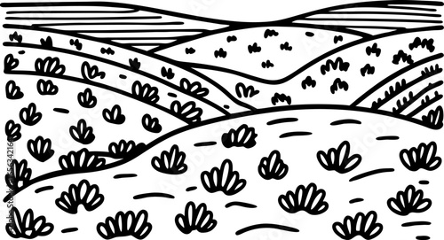 Hilly landscape with bushes rolling fields, hills and shrubs in countryside scene line drawing illustration
