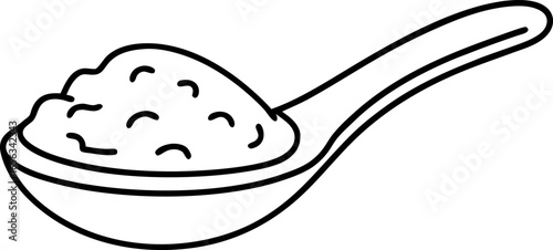 Spoon filled with rice, isolated black outline simple kitchen utensil, grain food illustration, ingredient cooking concept