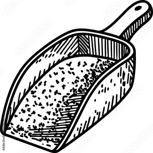 Hand drawn scoop filled with grains vintage sketch utensil for bulk dry goods, cereals, or seeds illustration