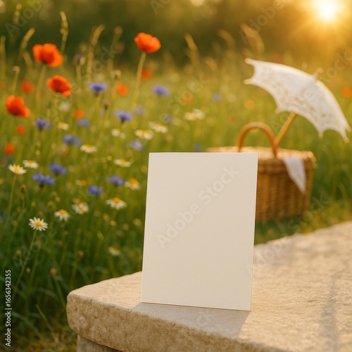 Vertical Blank Card Mockup in a Sunny Wildflower Meadow with a Romantic Picnic Scene